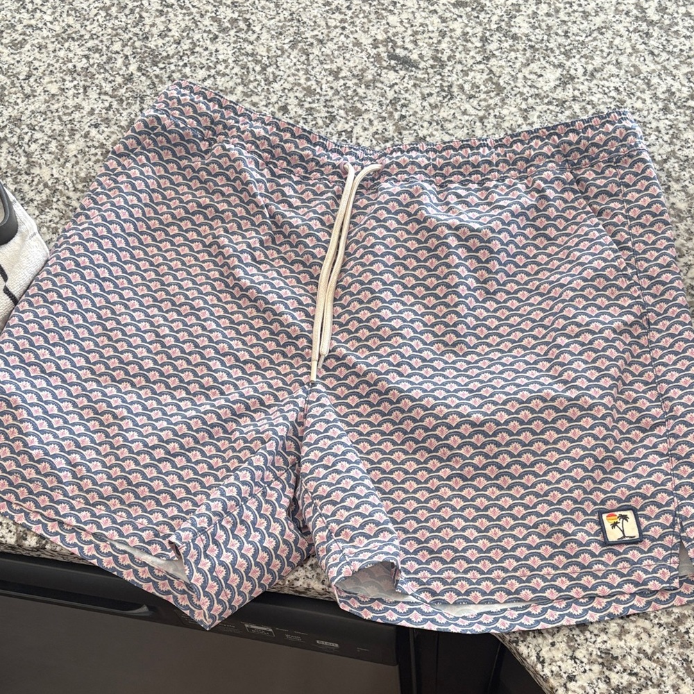 Marine Layer Wave Pattern Swim Trunks - Blue and Pink
